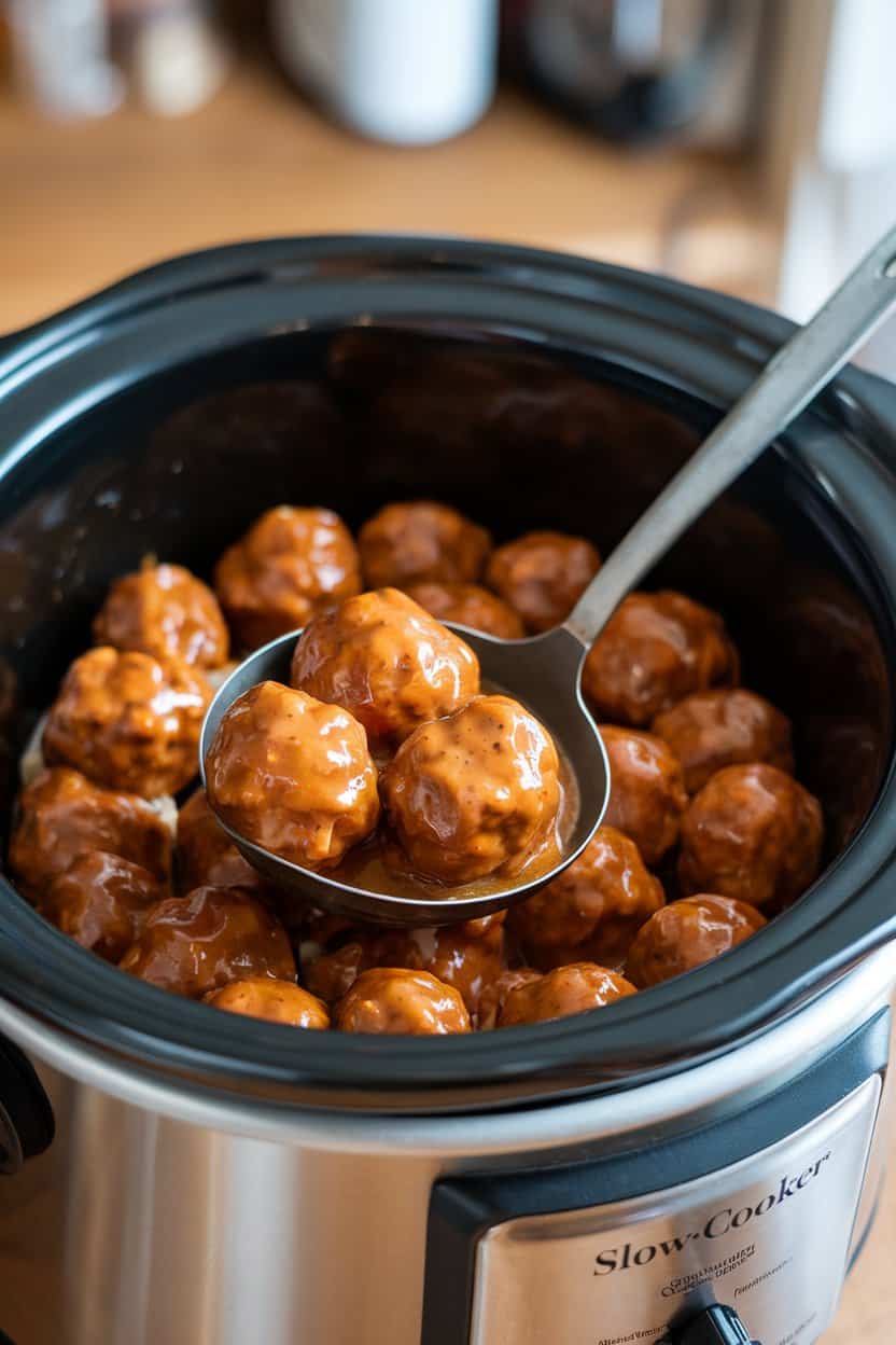 A slow-cooker insert indoors filled with glossy meatballs coated in honey garlic sauce, a ladle resting inside. No branding visible.