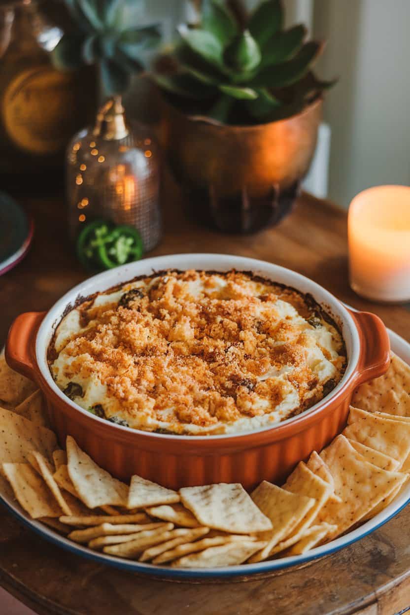 An indoor coffee table scene with a bubbling ceramic dish of creamy jalapeño popper dip, golden breadcrumb topping, and pita chips arranged alongside. No text or logos. Photo only.