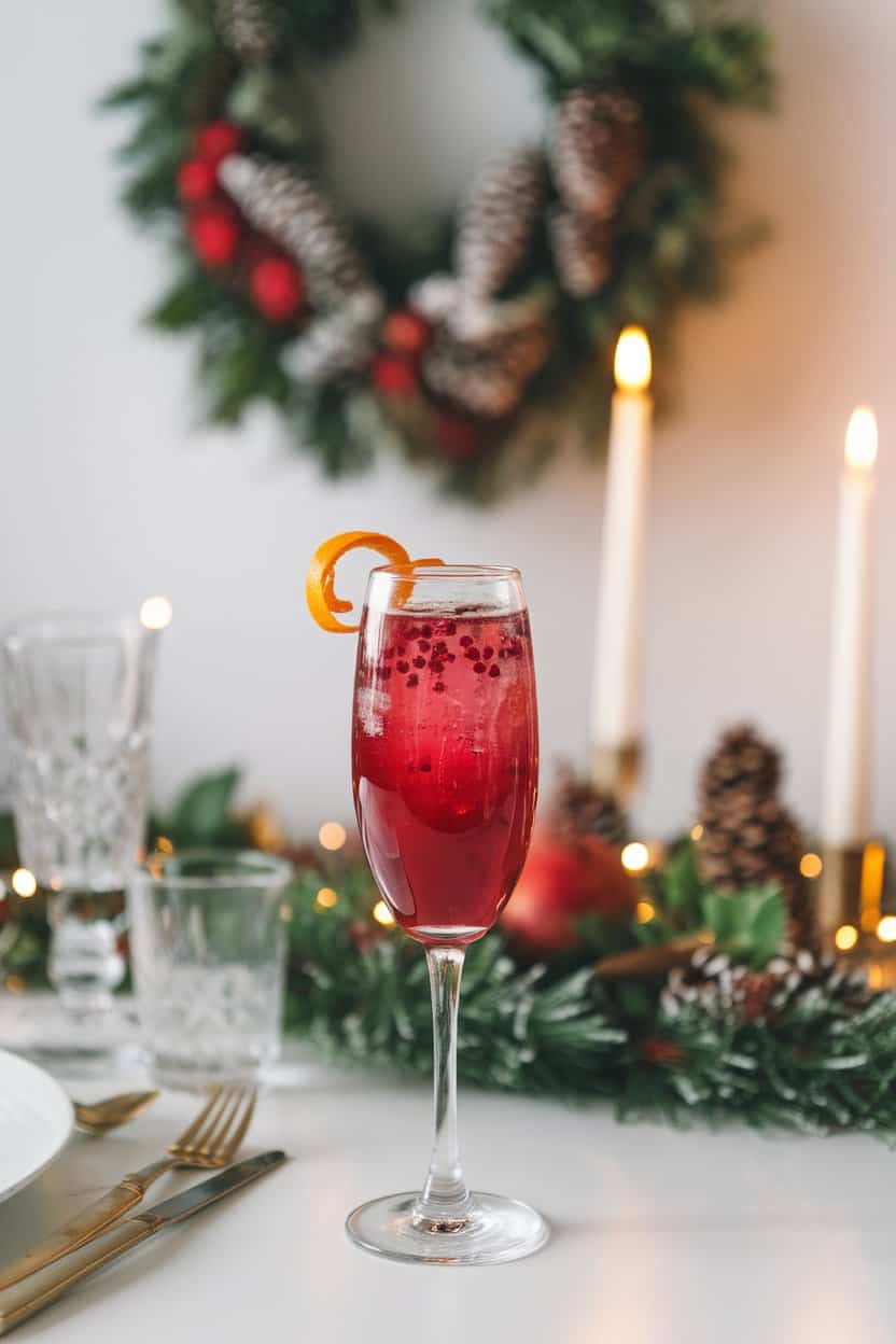 Photo of an indoor holiday table, flute glass with ruby red pomegranate drink, tiny orange twist hanging on rim, fine bubbles; no text or logos