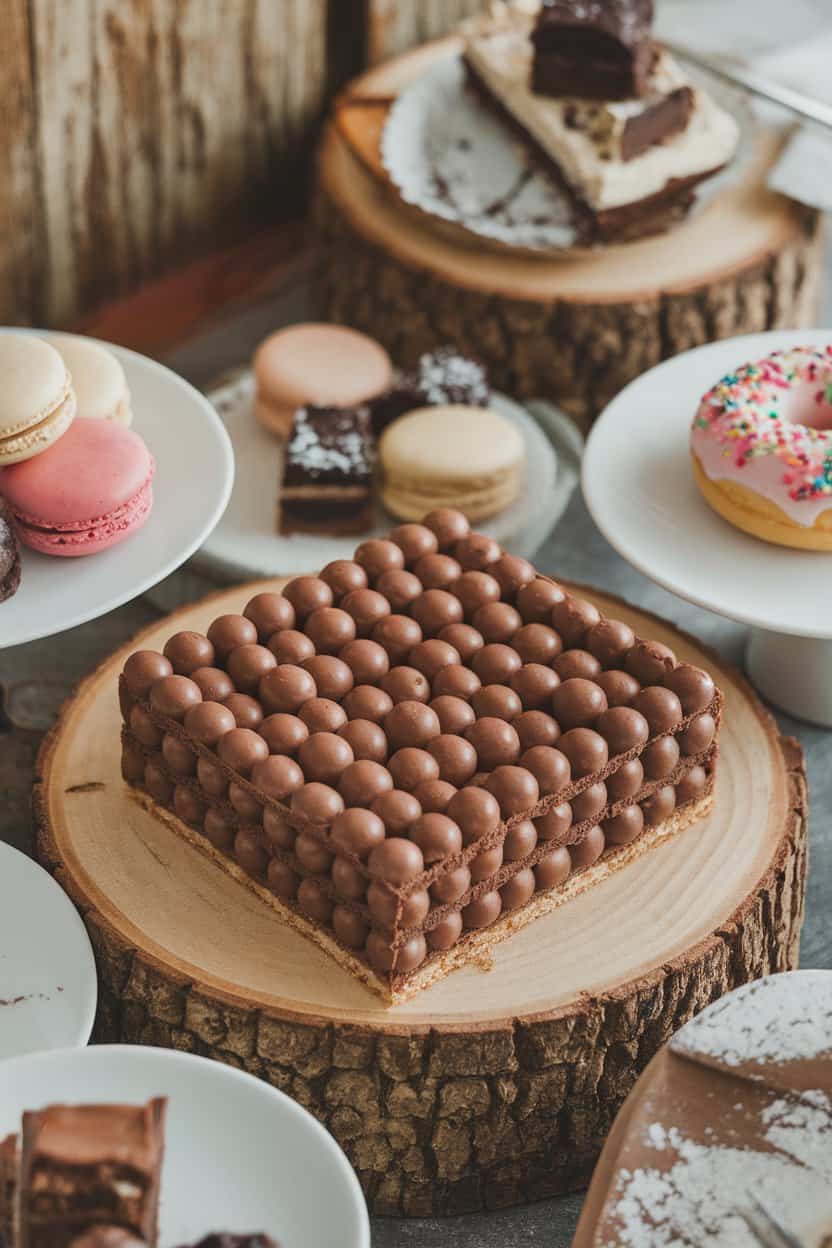 Indoor dessert board with neat squares of Malteser traybake showing malted chocolate balls studded throughout. No text or logos. Photo.