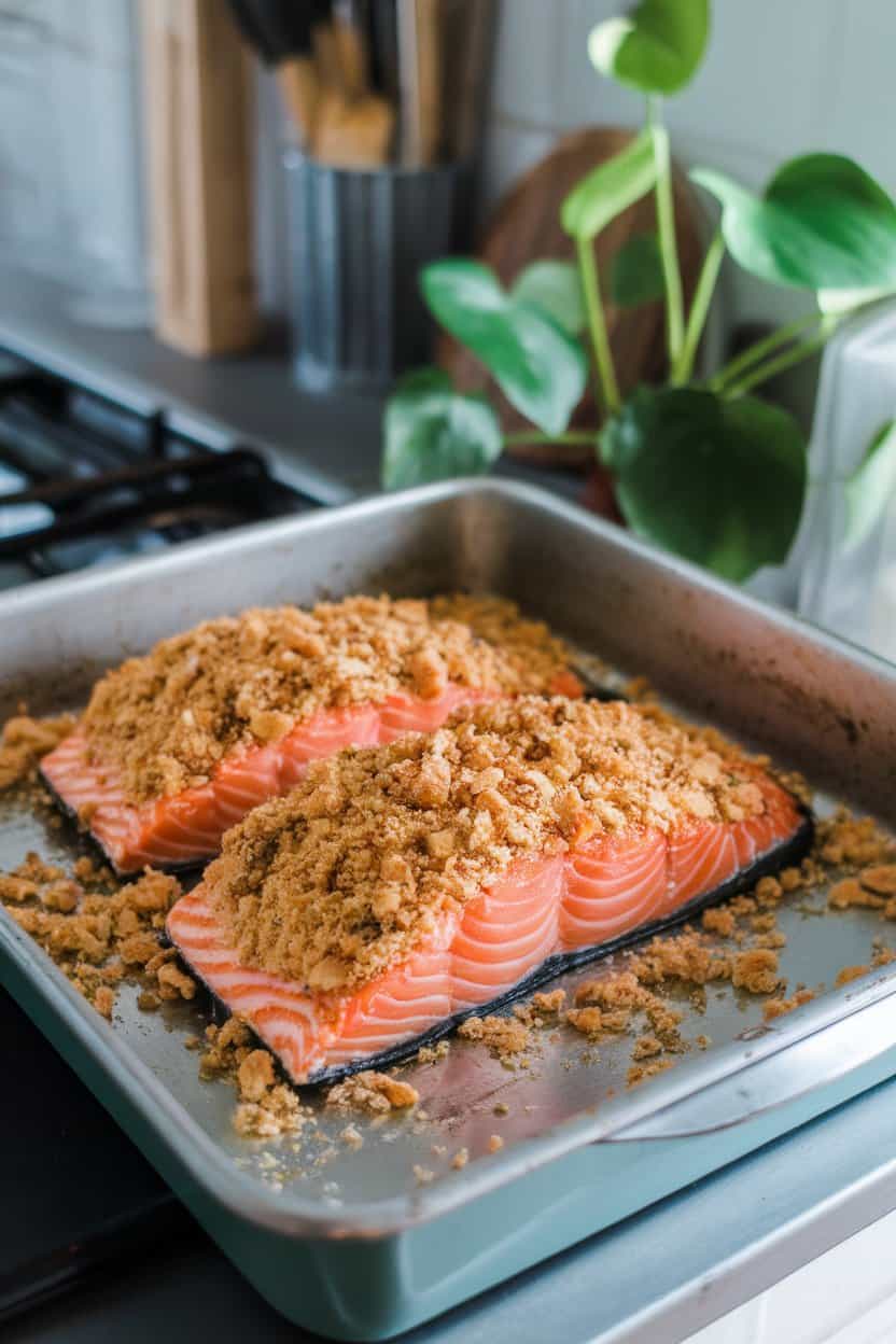 Photo of a baking dish on an indoor counter containing salmon topped with a golden almond-Parmesan crust, crumbs scattered around. No text or logos.