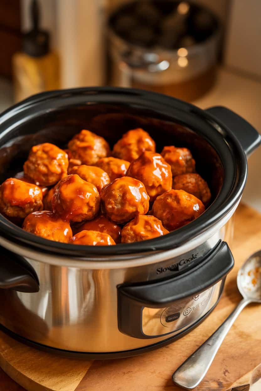 A warmly lit indoor slow-cooker insert filled with glossy pork meatballs coated in sweet chili sauce, a serving spoon resting nearby. No text or logos.