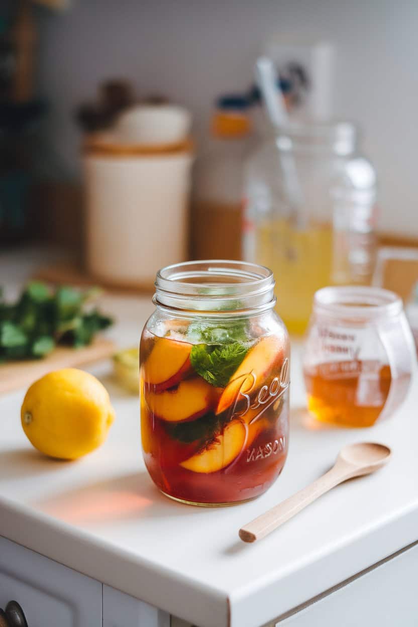 Indoor kitchen counter with a mason jar of iced sweet tea, muddled peach slices and mint leaves visible; photo, no text or logos.