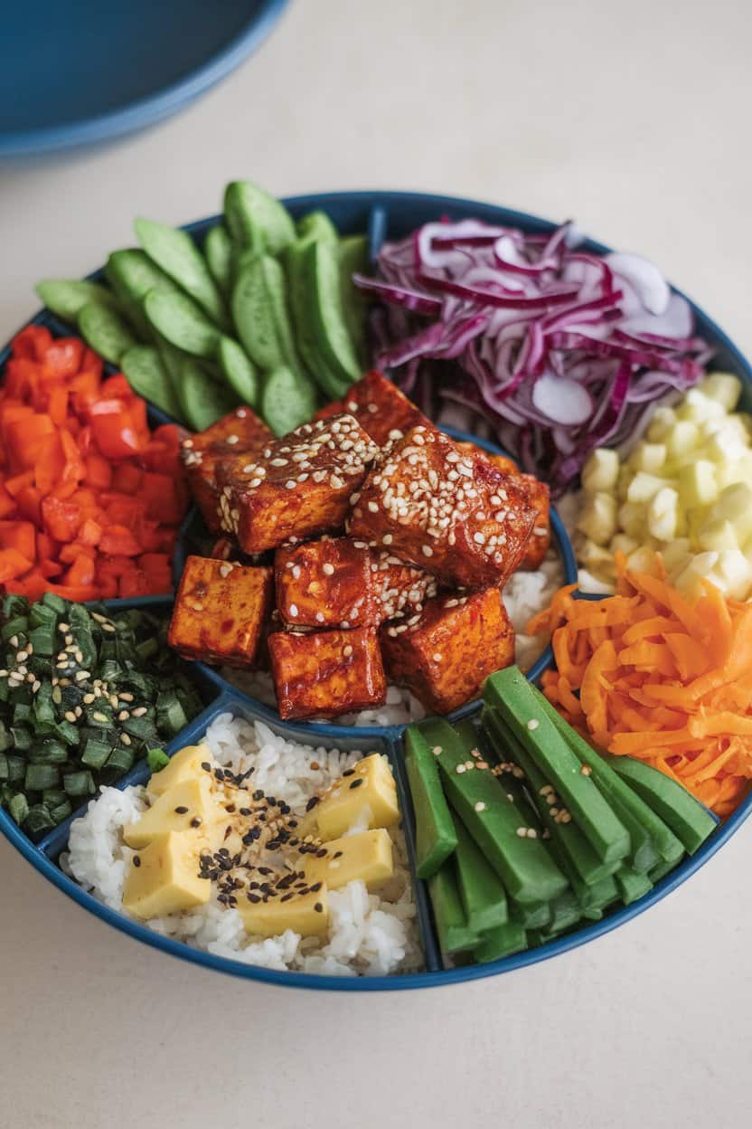 Indoor bowl showcasing colorful vegetable sections around rice, crispy gochujang-glazed tofu in the center, sesame seeds sprinkled, no text or logos.