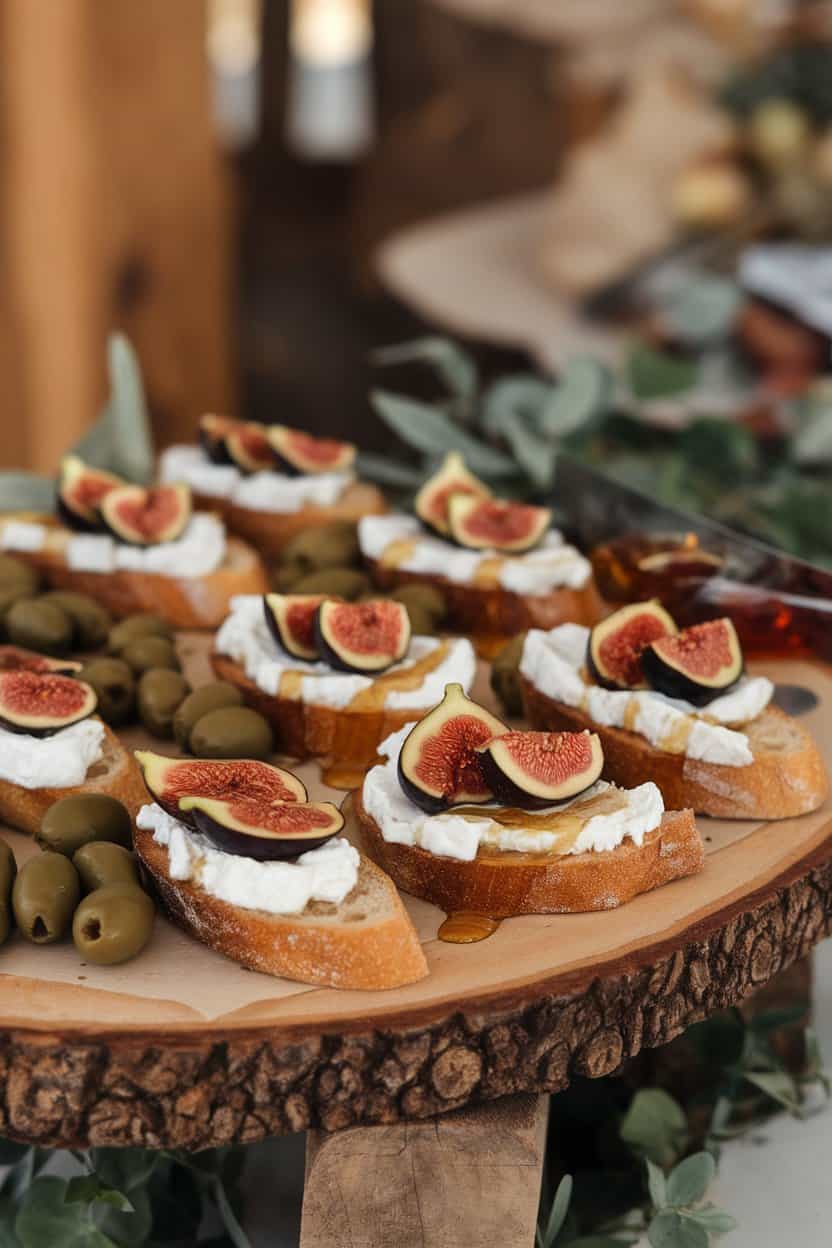 An indoor appetizer platter featuring toasted baguette slices topped with creamy goat cheese, sliced figs, and a drizzle of honey. No text or logos visible.