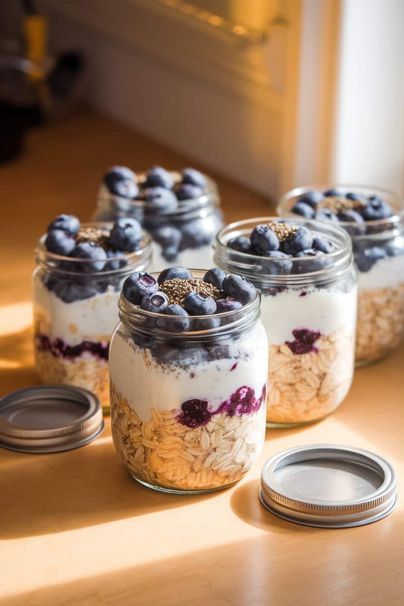 A warmly lit indoor countertop with several glass jars filled with layered oats, almond milk, blueberries, and a sprinkle of chia seeds on top. Lids rest nearby, no text or logos present. This should be a photo, not an illustration.