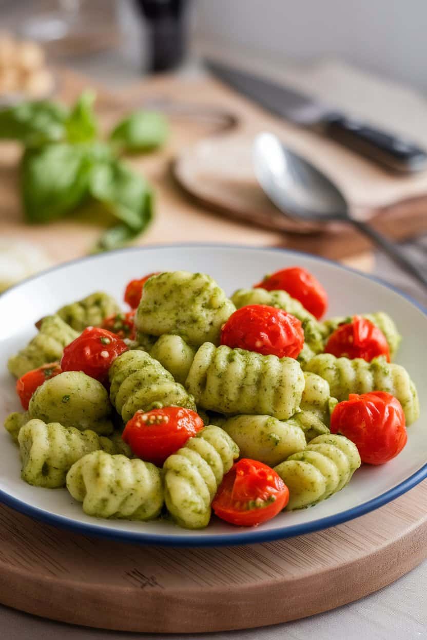 An indoor plate of pillowy gnocchi tossed in bright green pesto, burst cherry tomatoes dotting the dish, no text or logos.