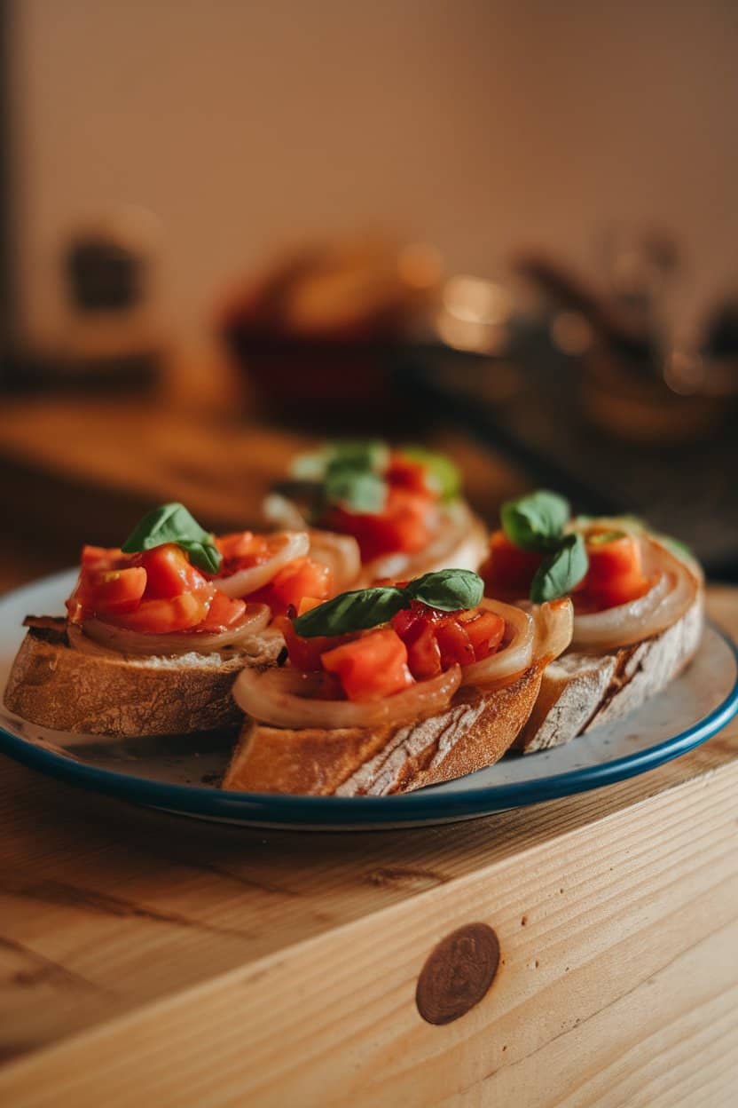 Indoor photo of toasted baguette slices topped with caramelized onions, diced tomatoes, and basil ribbons. No text or logos.