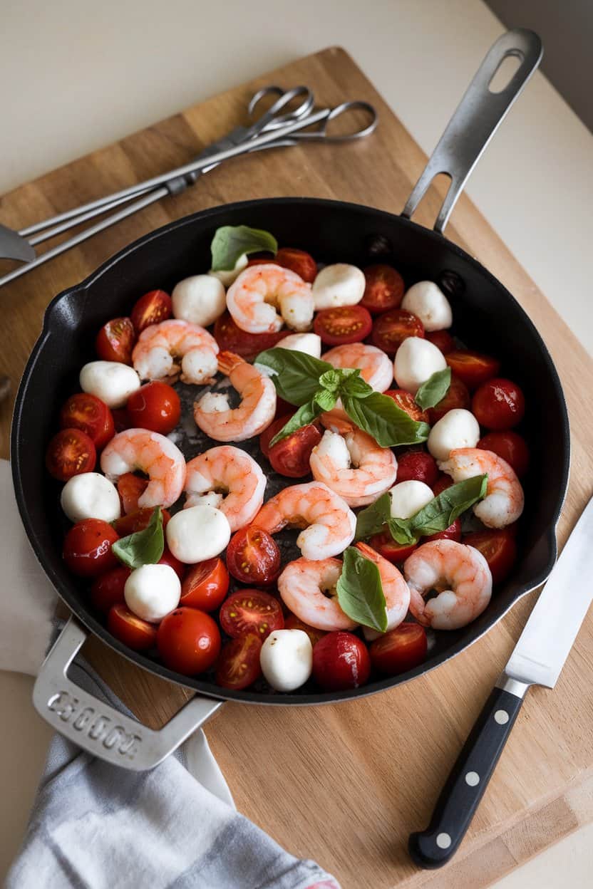Indoor skillet filled with cooked shrimp, cherry tomatoes, melted mozzarella pearls, and torn basil leaves. No text or branding.