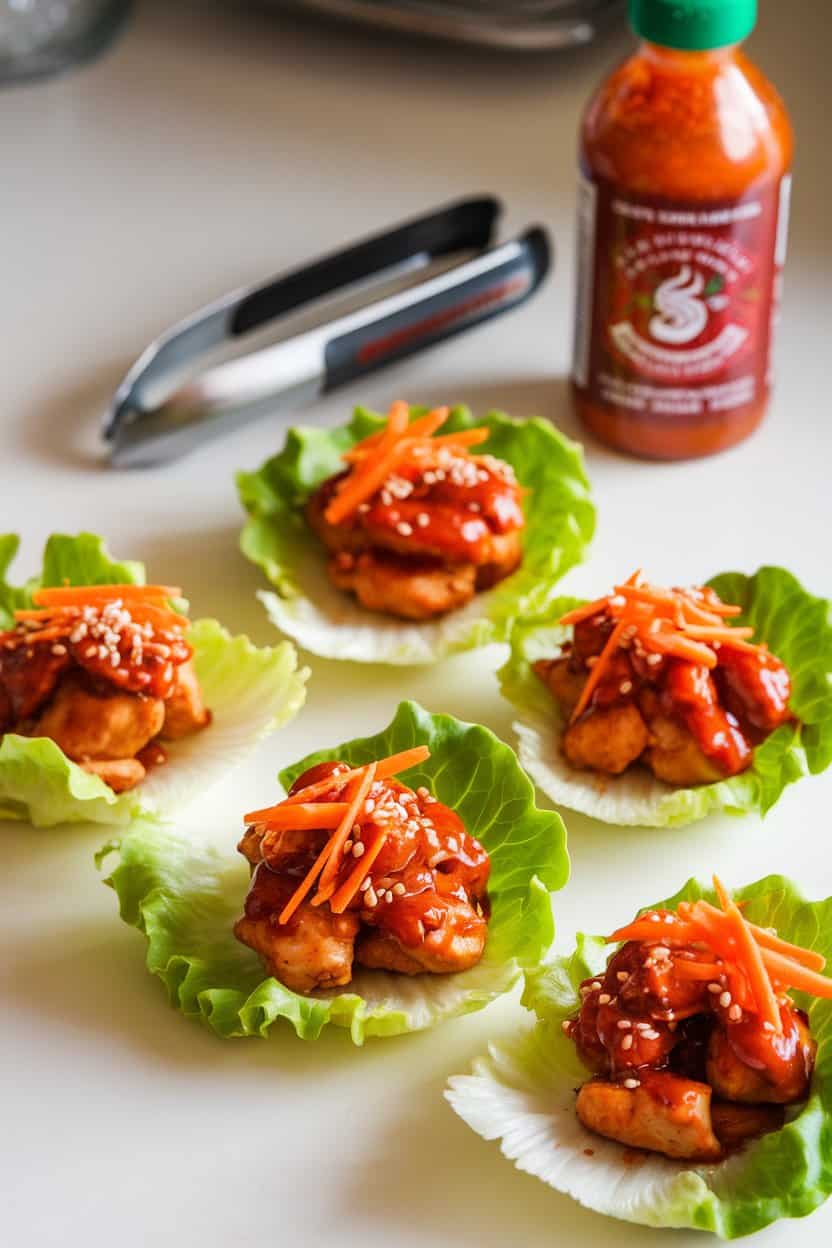 Indoor kitchen counter featuring butter lettuce cups filled with bite-sized cooked chicken glazed in a shiny red sriracha-honey sauce, topped with shredded carrots and sesame seeds. No text or logos, photo not illustration.