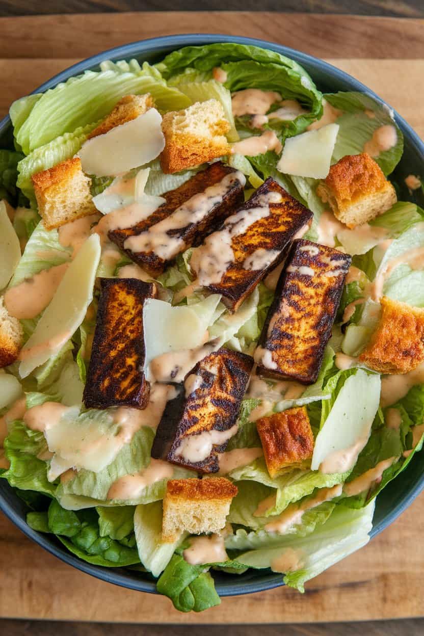 Indoor salad bowl with romaine lettuce topped with seared blackened tofu strips, shaved Parmesan, and croutons, creamy dressing drizzled. No text or logos, photo not illustration.