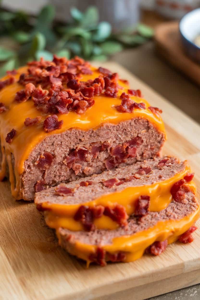 Indoor cutting board showing a cheeseburger-style meatloaf oozing cheddar, bacon bits visible inside each slice. No text or logos. Photo only.
