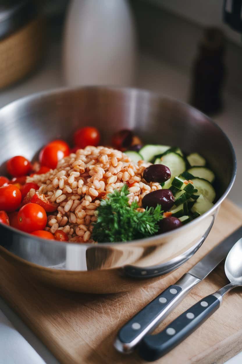 Indoor photo of a mixing bowl filled with cooked farro, cherry tomatoes, cucumbers, olives, and parsley; soft kitchen lighting, no text or logos