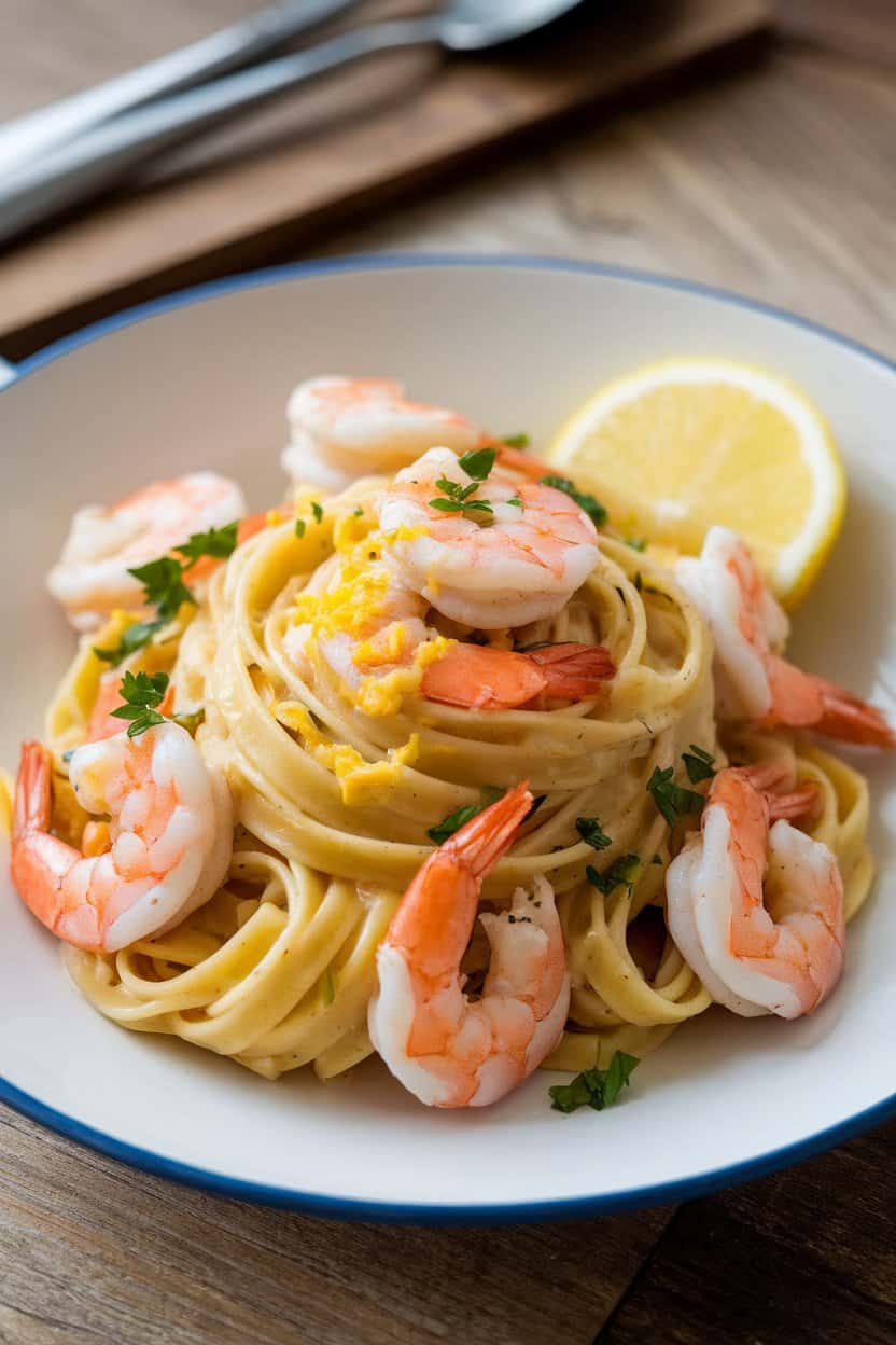 Indoor photo of a plate of linguine tossed with cooked shrimp, garlic butter sauce, lemon zest, and parsley, twirled neatly and garnished with a lemon wedge. No text or logos visible.