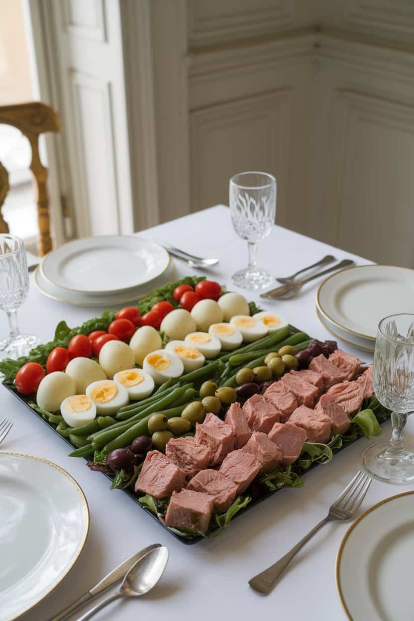 Photo of an indoor French-style table with a platter showcasing arranged rows of cooked tuna chunks, green beans, boiled potatoes, hard-boiled eggs, olives, and cherry tomatoes over greens, lightly dressed. No text or logos present.