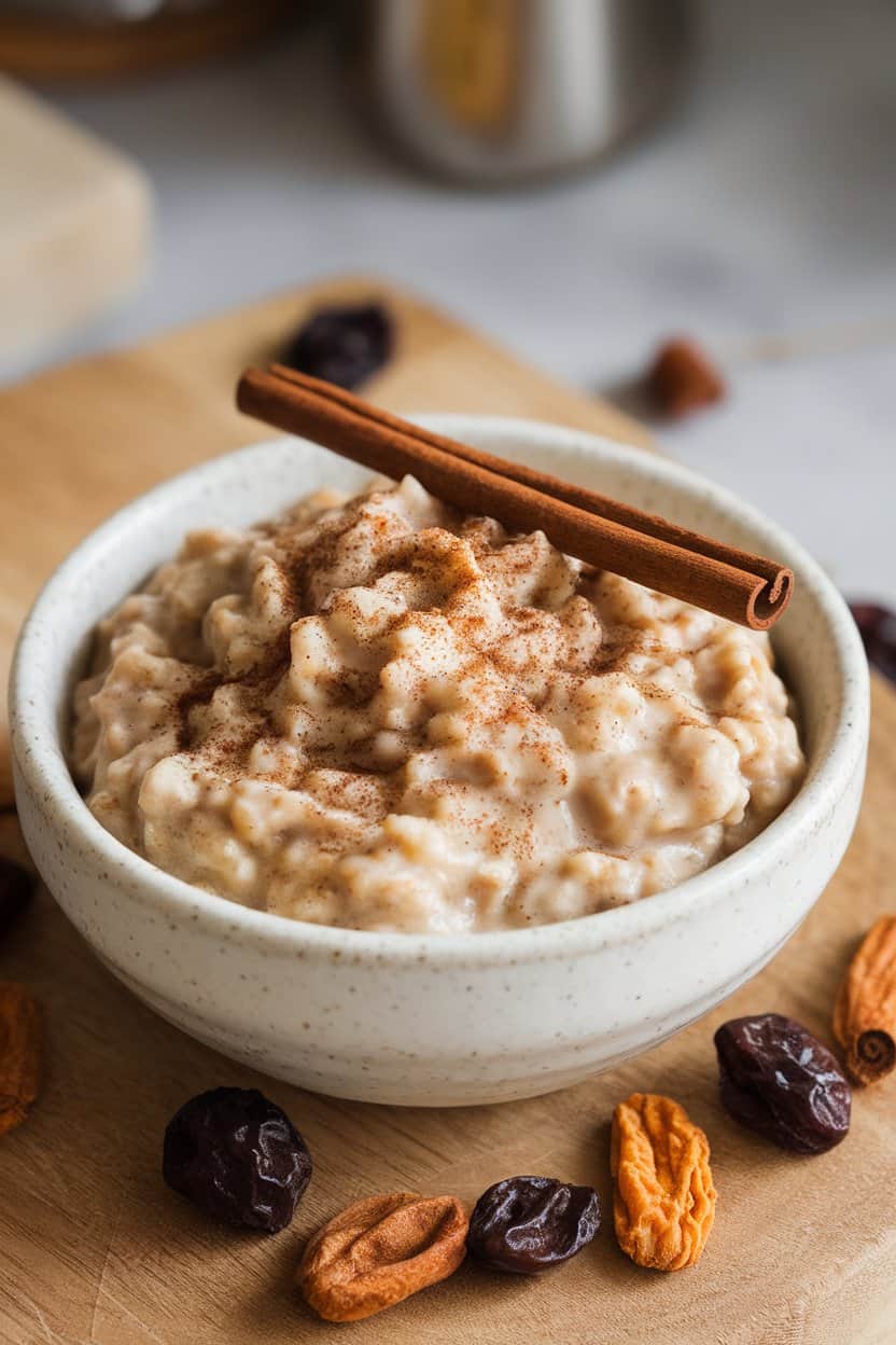 Indoor photo of creamy oats dusted with chai spices and vanilla bean specks, garnished with a cinnamon stick; no text or logos.