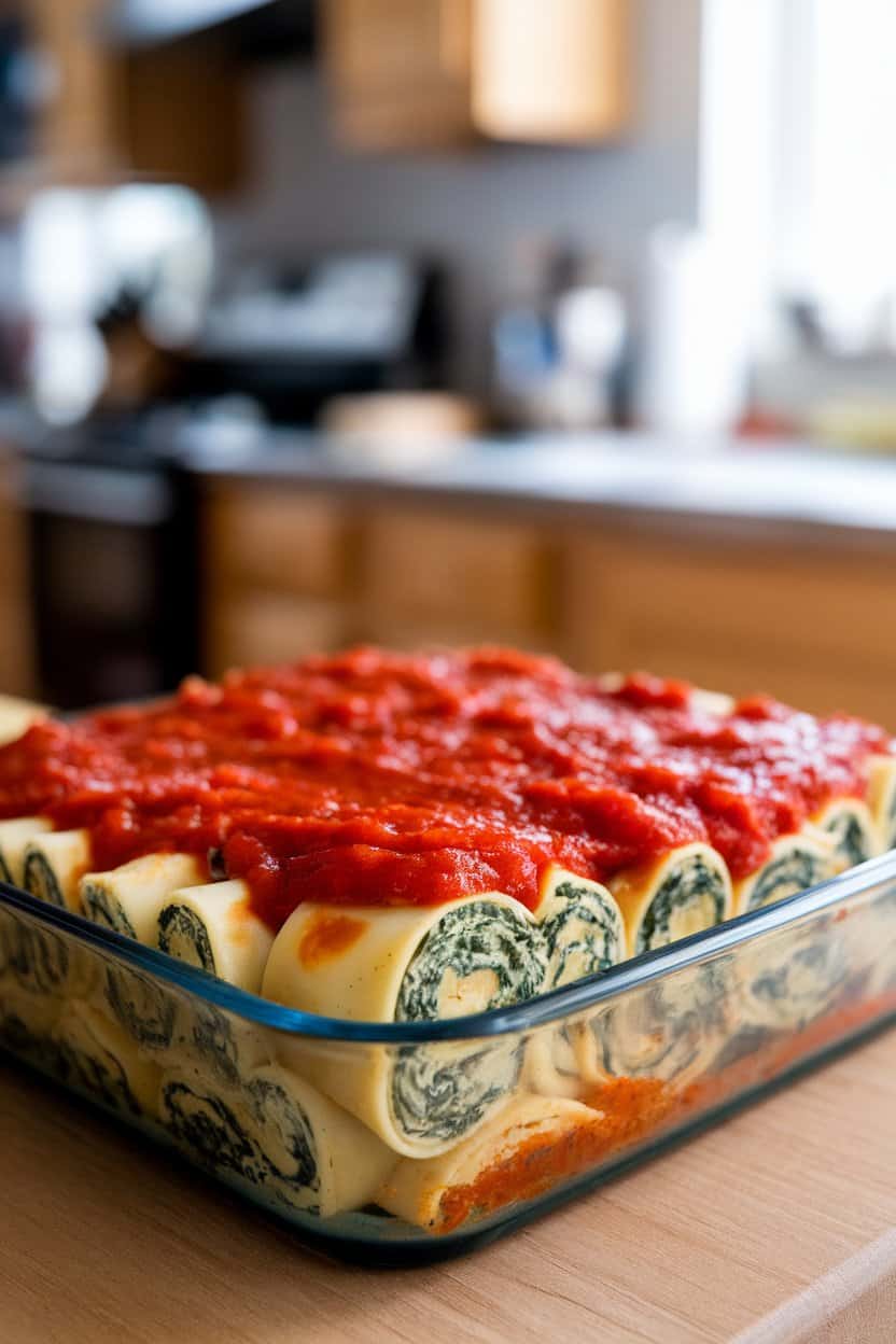 Indoor baking dish holding lasagna noodles rolled with creamy spinach-artichoke filling, marinara sauce ladled on top, no text or logos.