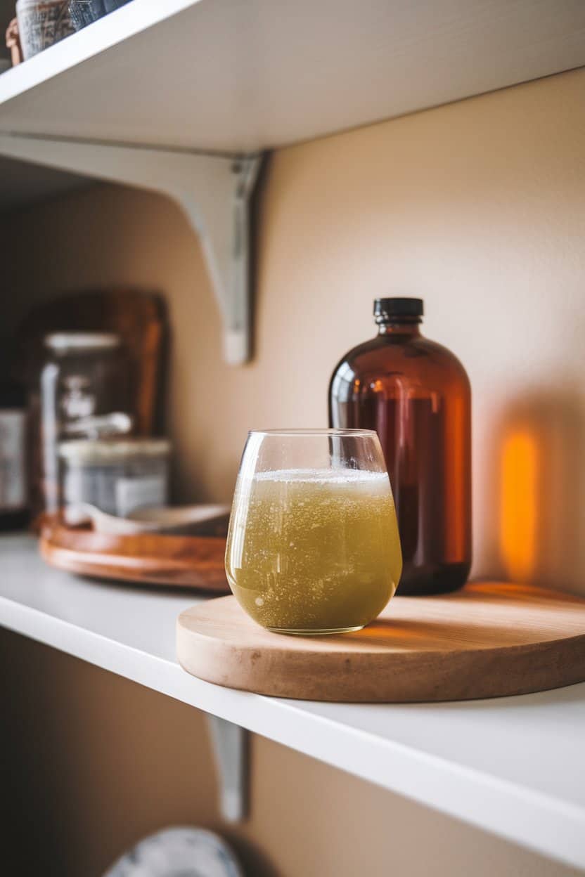 Indoor kitchen shelf with a stemless wine glass of effervescent green kombucha fizzing, amber kombucha bottle behind, no text or logos. Photo