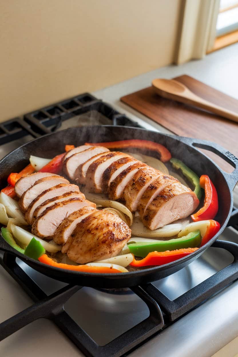 Indoor stovetop scene showing a cast-iron skillet packed with sliced chicken breast, bell peppers, and onions, all lightly charred and steaming. Photo, no text or logos.