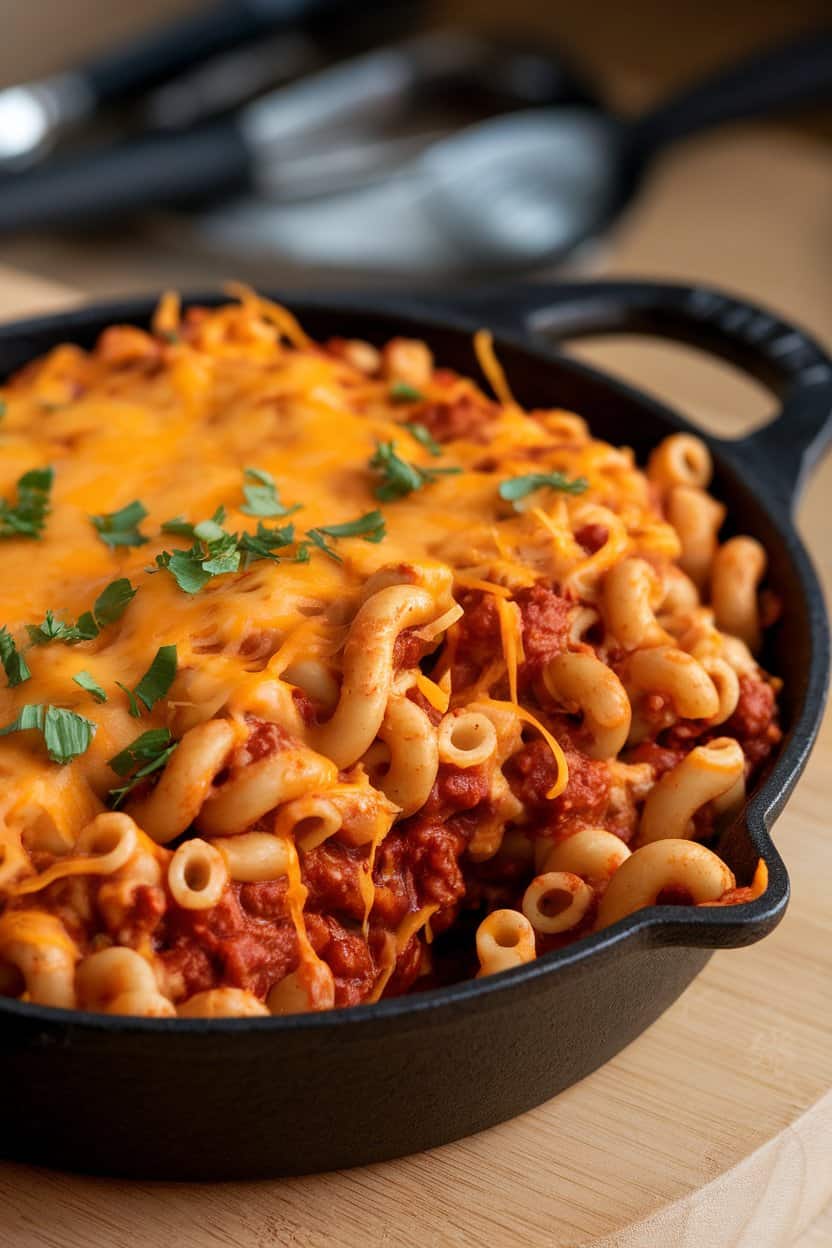 Indoor photo of chili mac in a cast-iron serving dish, melted cheddar on top—no text or logos