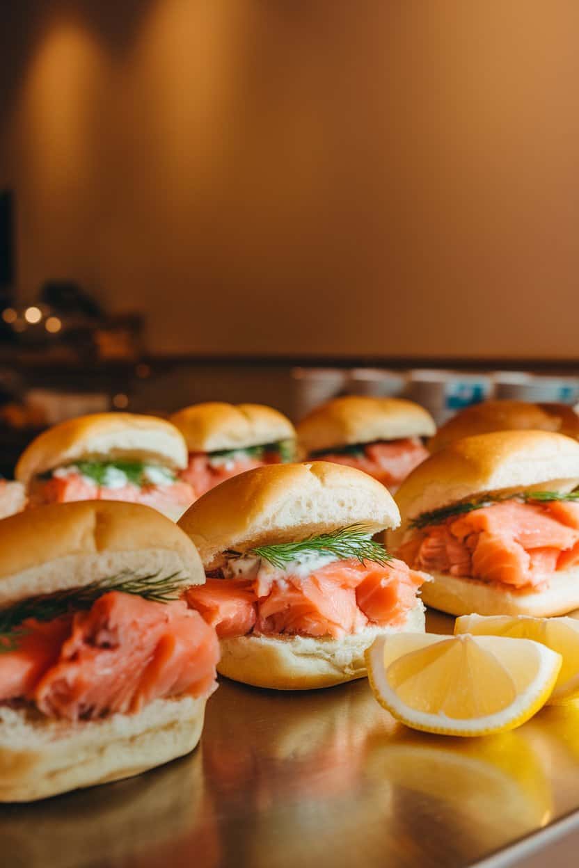 A warmly lit indoor counter featuring mini buns filled with flaky cooked salmon, dill sauce visible, lemon wedges close by. No text or logos. Photo only.