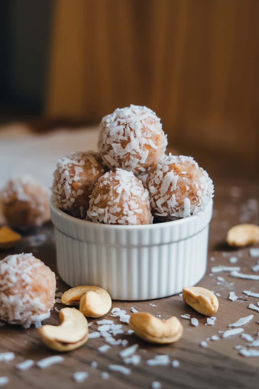 An indoor scene featuring a white ramekin full of pale protein balls coated in shredded coconut flakes, cashew halves scattered nearby. No text or logos. Photo, not illustration.