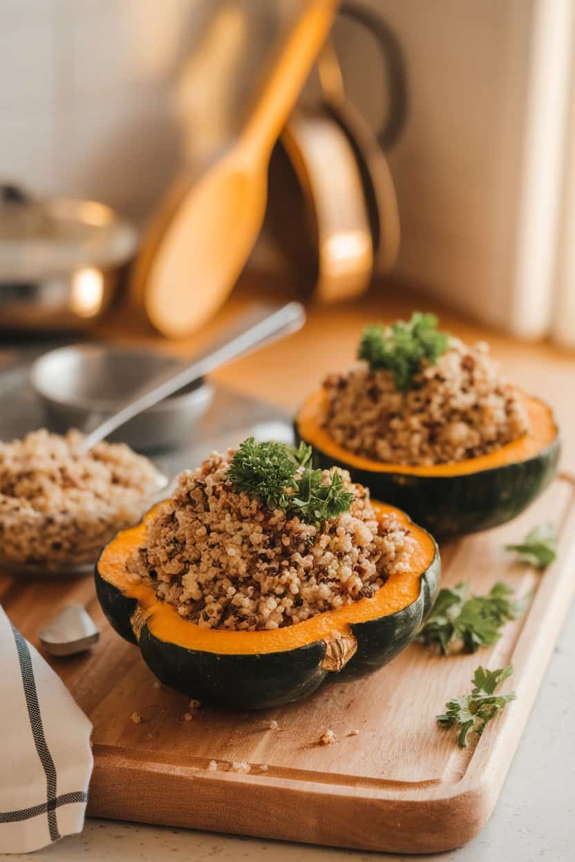 An indoor countertop scene showing halved acorn squash filled with cooked turkey-quinoa mixture, topped with a sprinkle of parsley. Warm lighting, no logos or text.