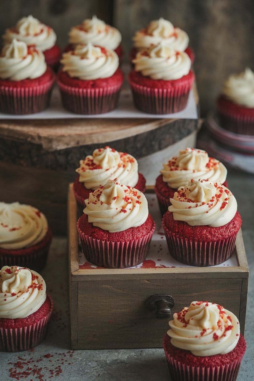 An indoor bakery-style display of red velvet cupcakes topped with swirls of cream cheese frosting and red crumb sprinkles. No logos or text; photo.