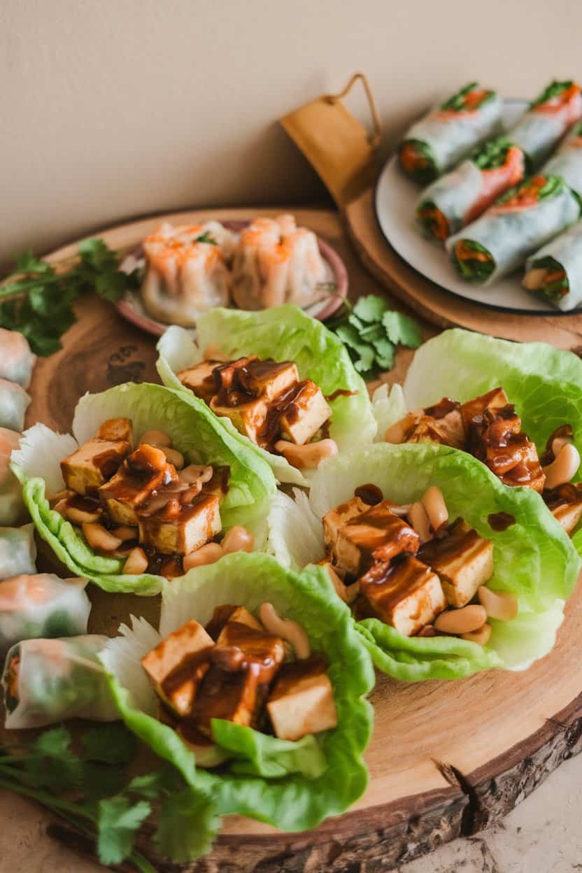 An indoor appetizer spread showing crisp lettuce leaves filled with sautéed tofu, water chestnuts, and hoisin glaze; no text or logos on serving platter.