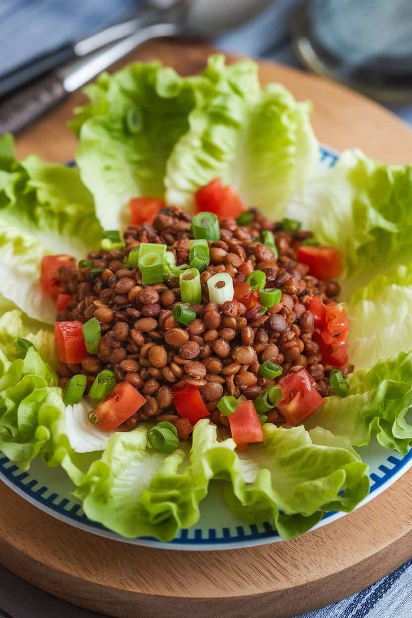 Indoor serving plate with butter lettuce leaves filled with seasoned red lentils, diced tomatoes, and green onions. Photo, no text or logos.