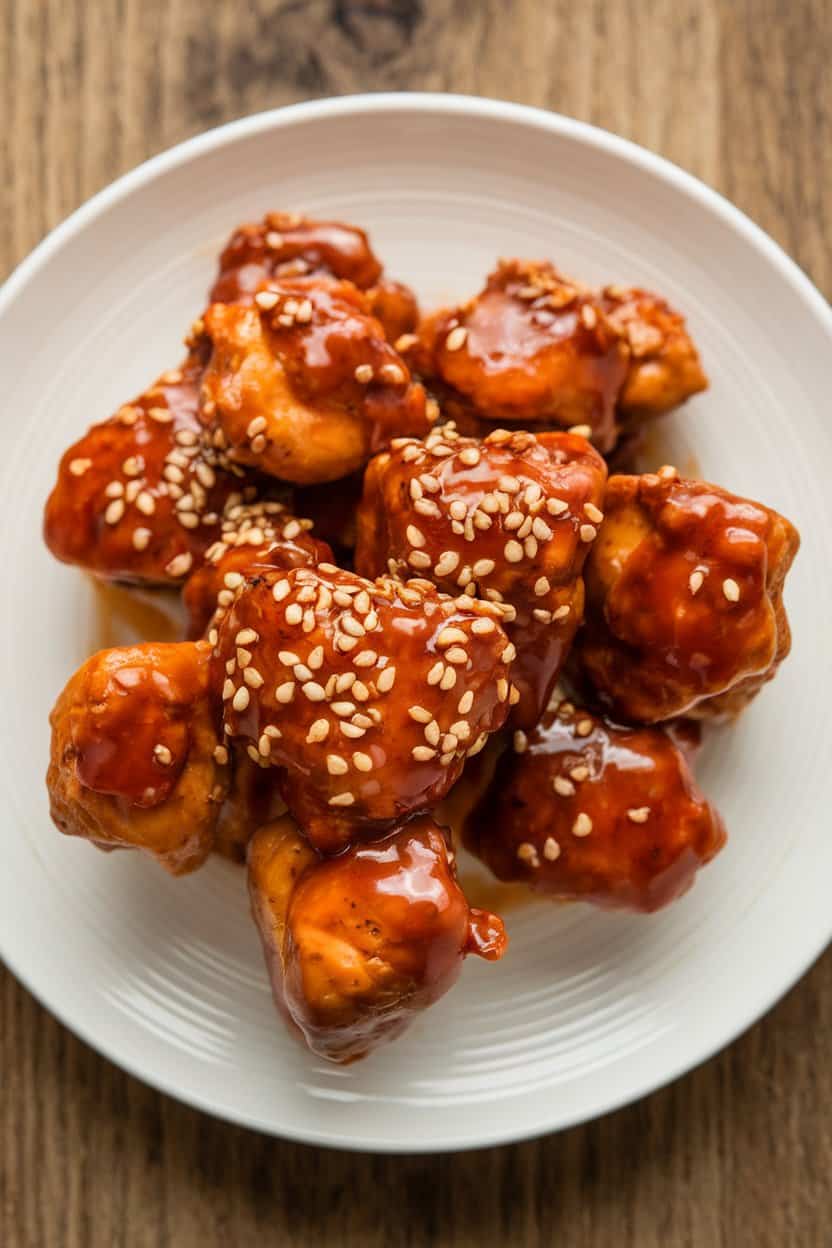 An indoor tabletop featuring bite-size chicken pieces coated in glossy gochujang glaze, sesame seeds sprinkled on top. No text or logos.