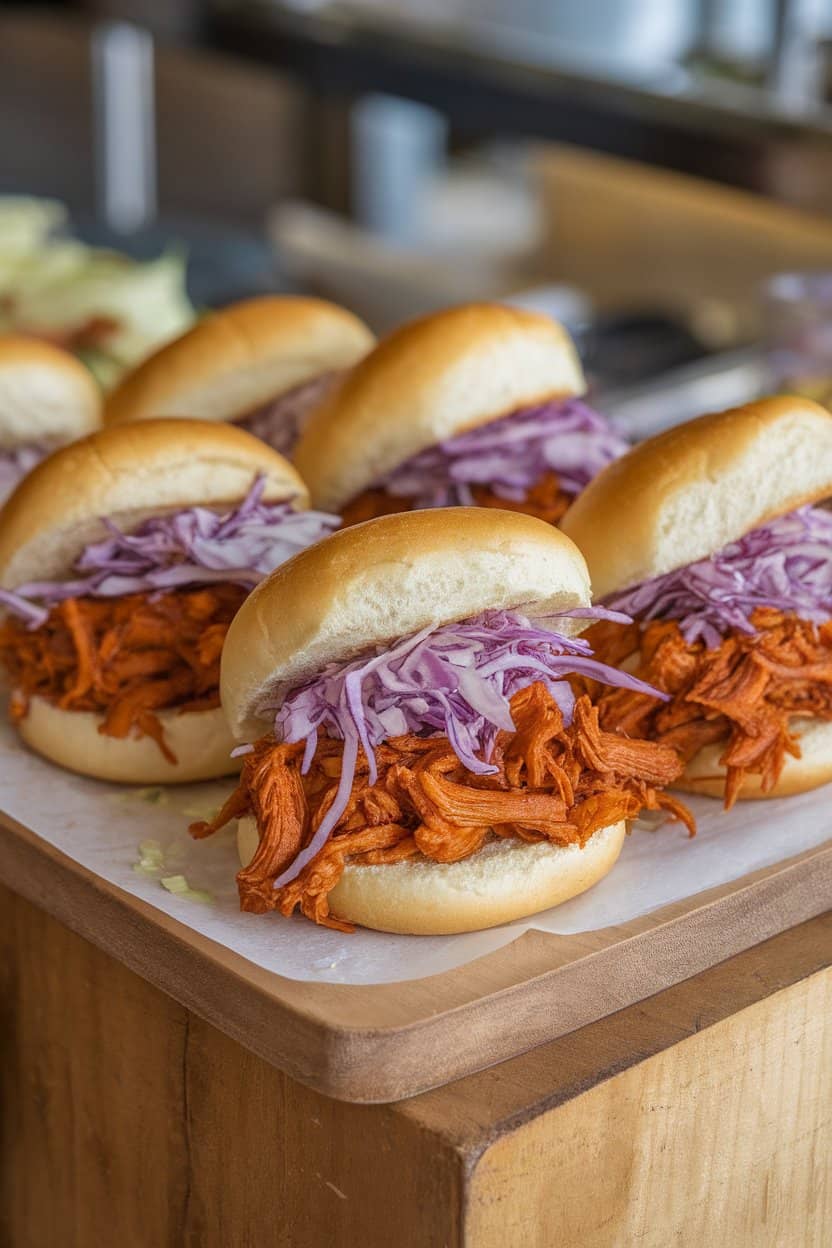 An indoor board of mini buns heaped with saucy pulled jackfruit and purple slaw, no text or logos.
