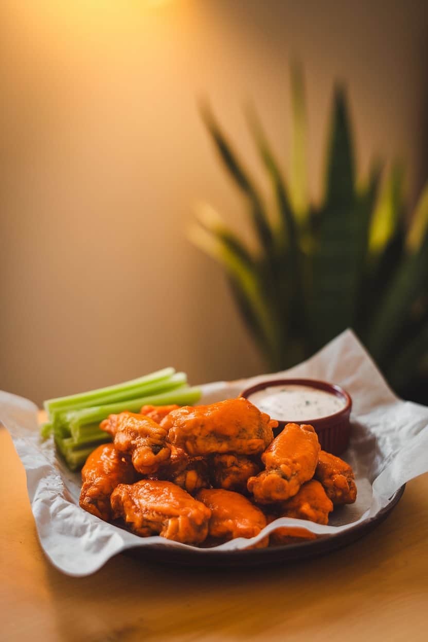 An indoor table with a parchment-lined platter of cooked buffalo wings glistening in orange-red sauce, accompanied by celery sticks and a ramekin of ranch dip, warm overhead lighting, no text or logos.
