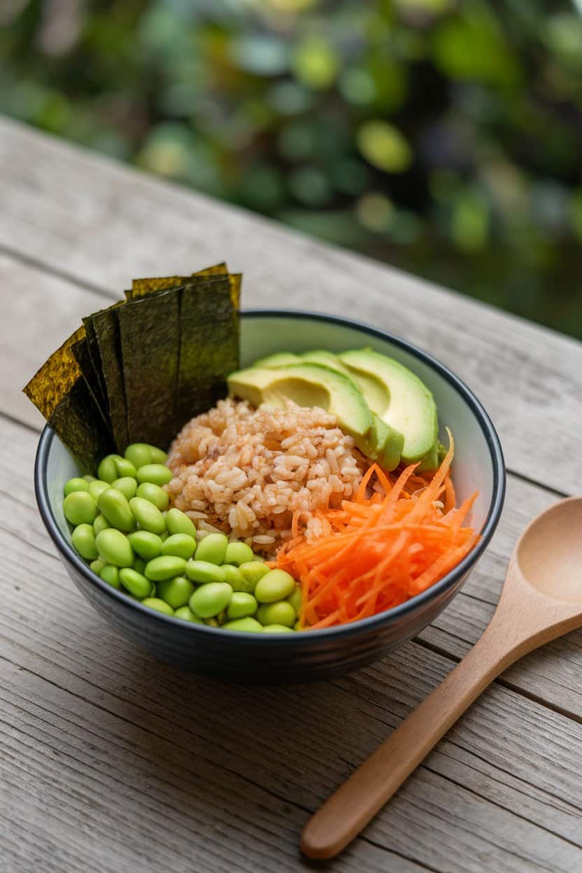 Indoor photo of a bowl containing brown rice, shelled edamame, avocado slices, shredded carrots, and nori strips; no text or logos