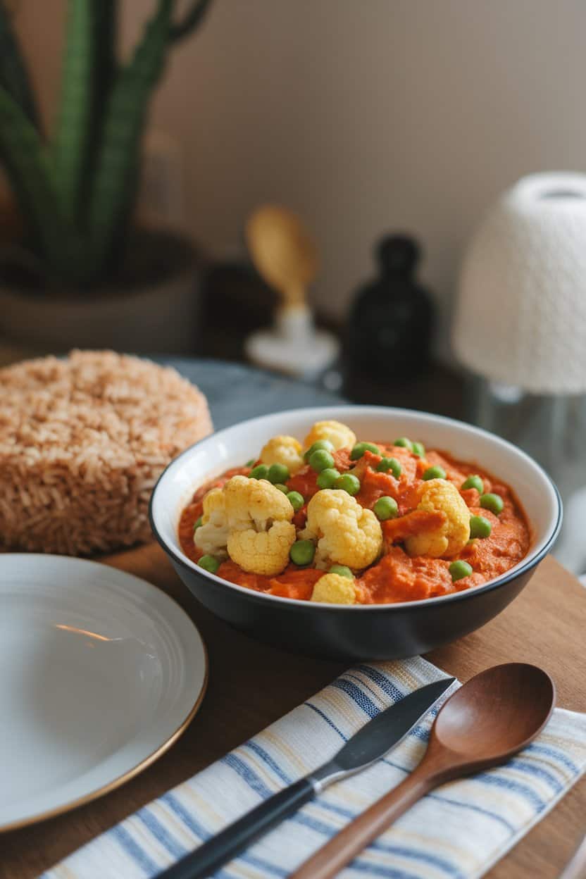 An indoor dining table showcasing a bowl of golden cauliflower and pea curry in a creamy tomato base, served next to brown basmati rice. No text or logos.