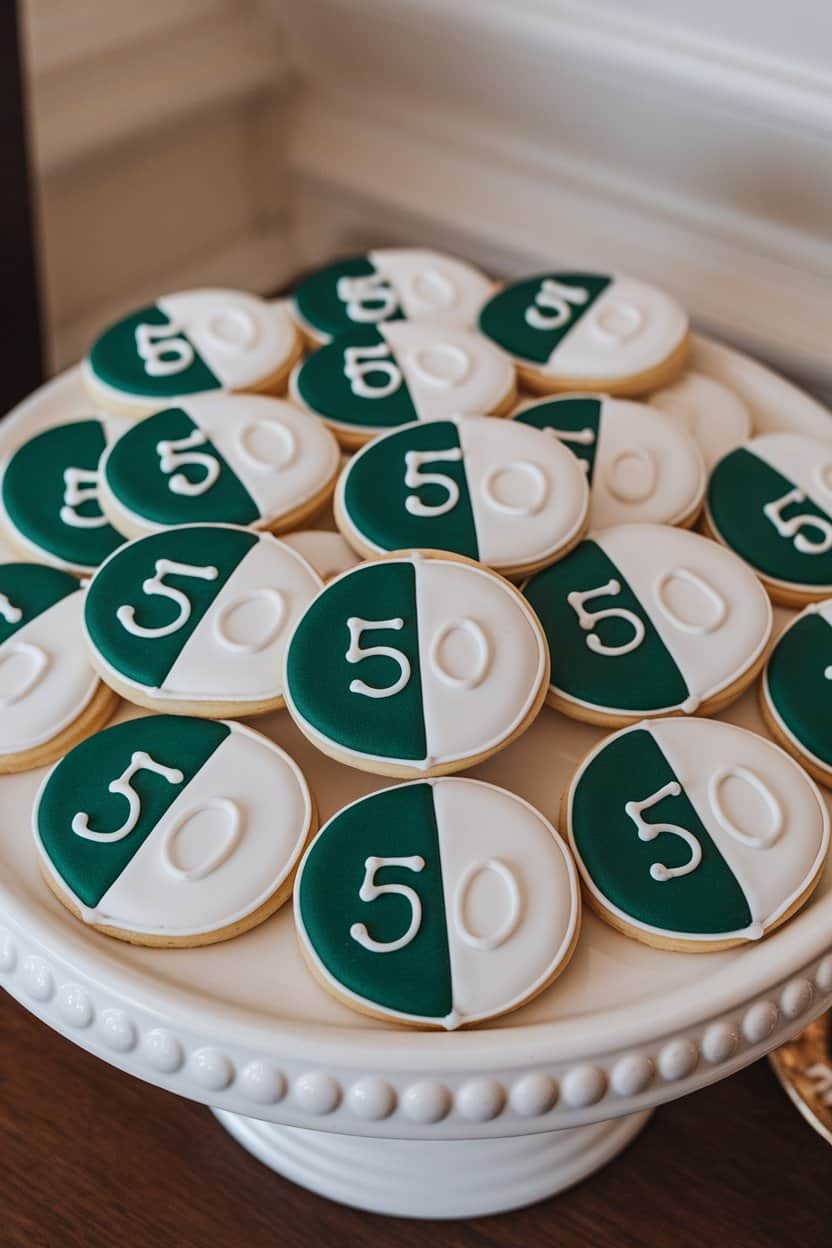 Photo of oval cookies half-green, half-white with a crisp “50” piped in the center, displayed on an indoor platter. No text or logos visible.