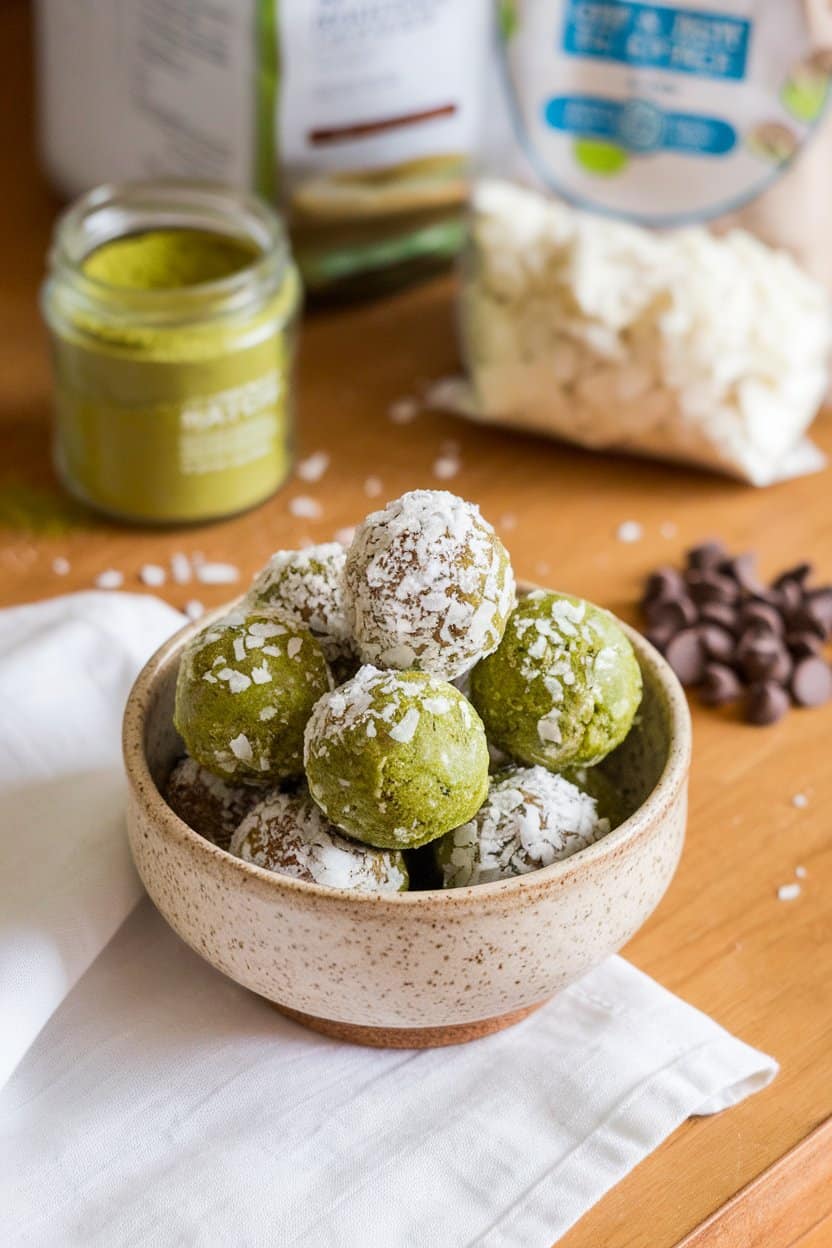 A small indoor ceramic bowl filled with green matcha bliss balls rolled in desiccated coconut, set on a wooden counter. No text or logos.