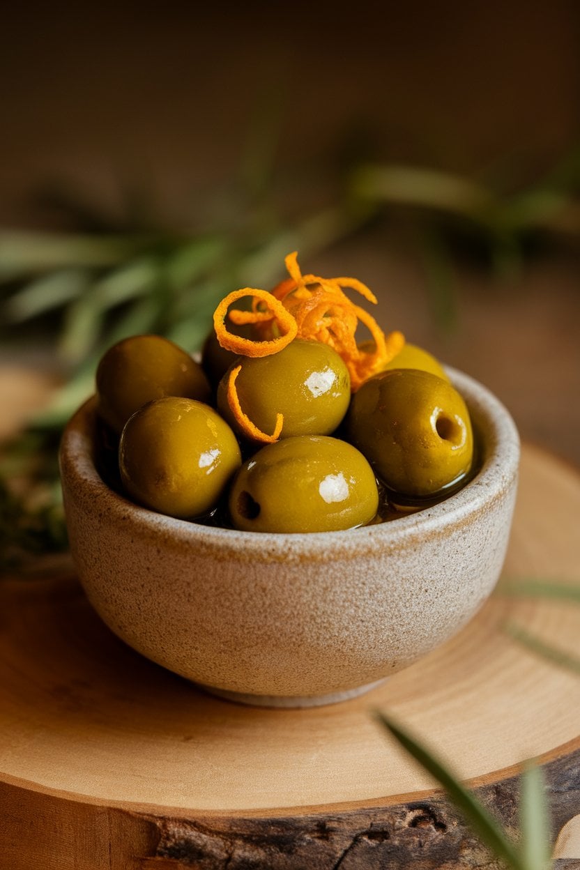 Indoor photo of a small stoneware bowl brimming with glossy bright-green Castelvetrano olives bathed in olive oil and orange zest curls; warm ambient light, no text or logos.