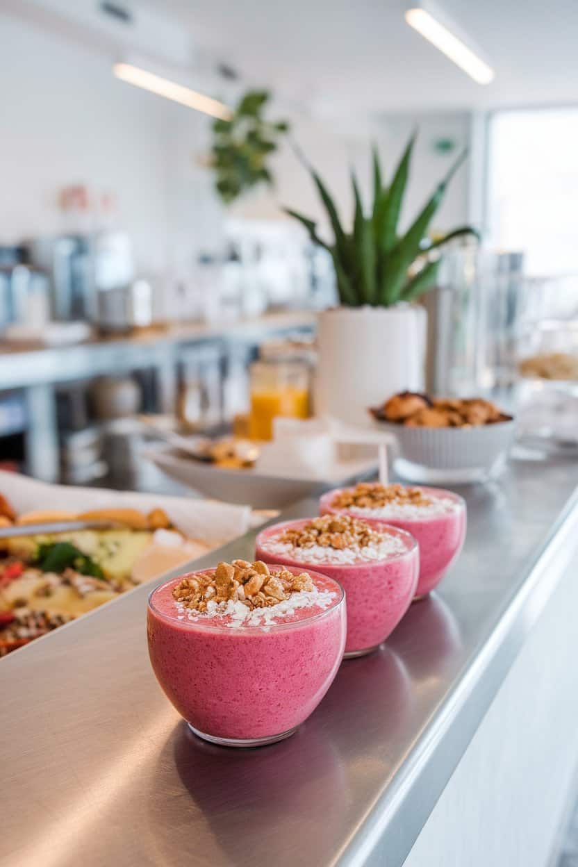 An indoor breakfast bar view of vibrant pink smoothie bowls topped with granola and coconut flakes; no text or logos.