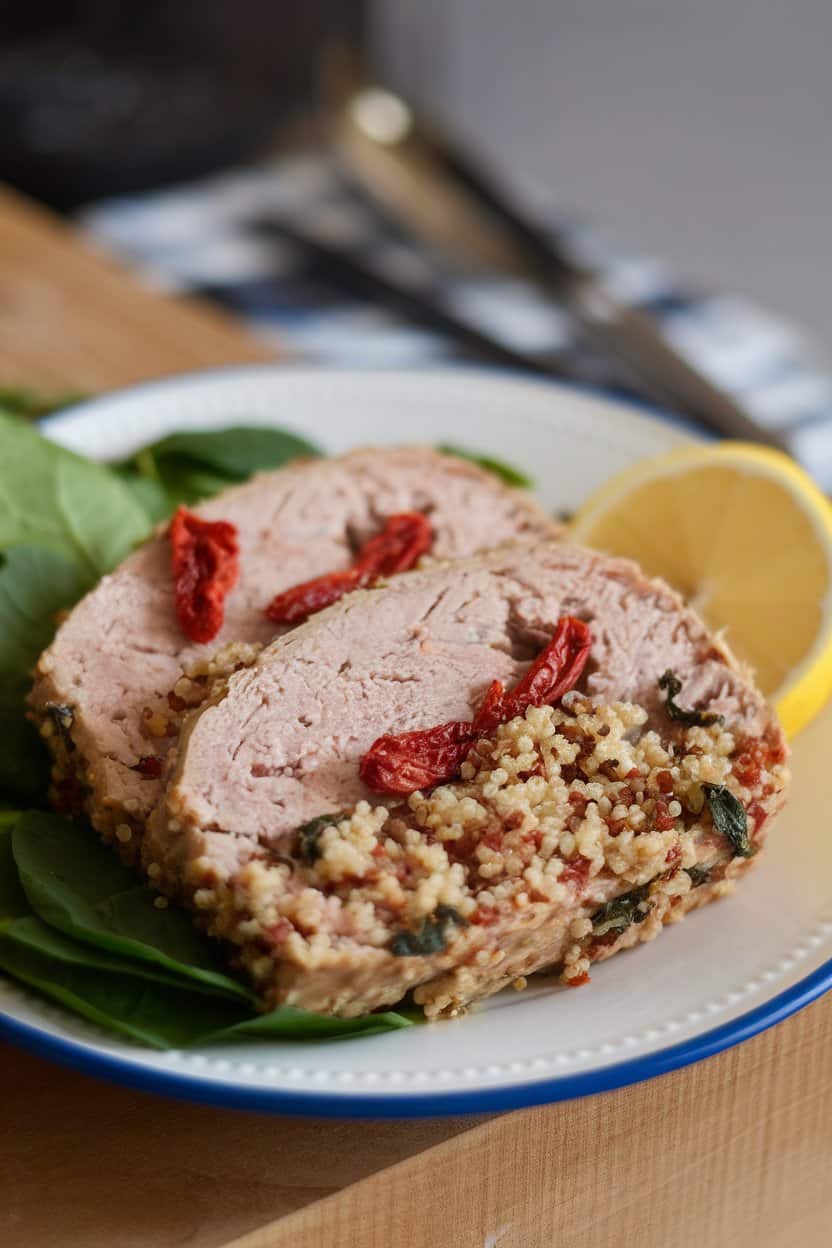 Indoor plate with turkey meatloaf slice containing quinoa, sun-dried tomatoes, and spinach, lemon wedge on the side. No text or logos. Photo only.