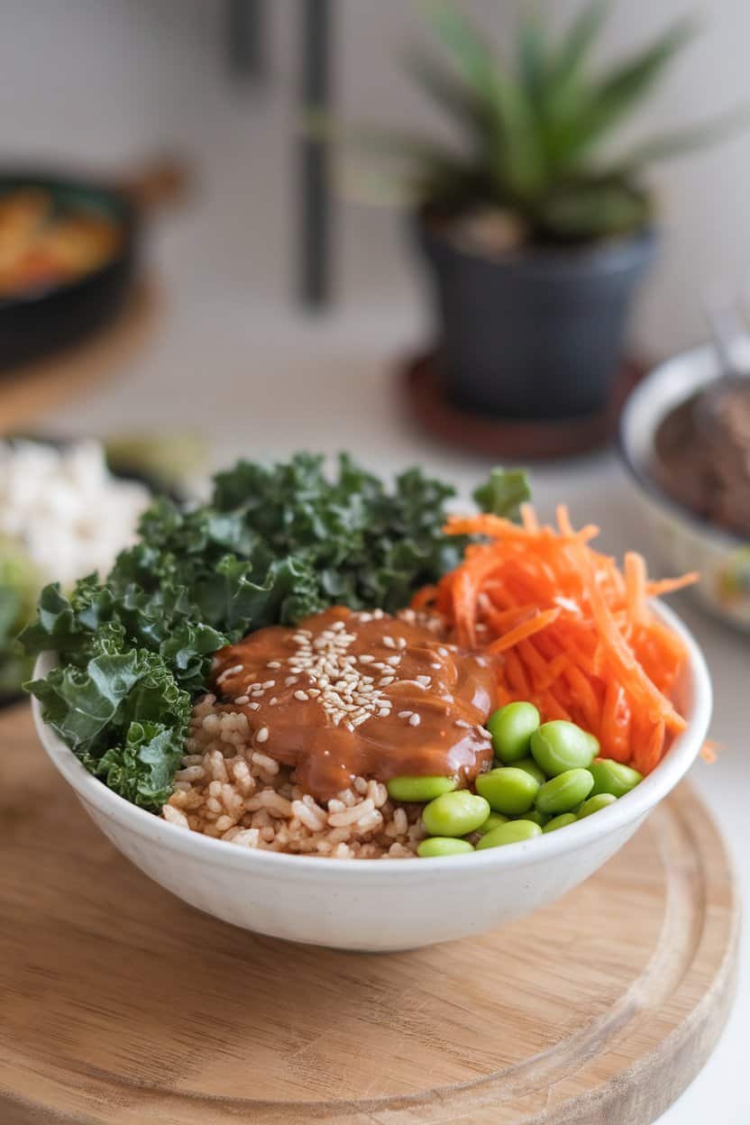 Photo of an indoor setting featuring a bowl of chopped kale, cooked brown rice, shredded carrots, edamame, and a glossy peanut dressing, sprinkled with sesame seeds. No text or logos.
