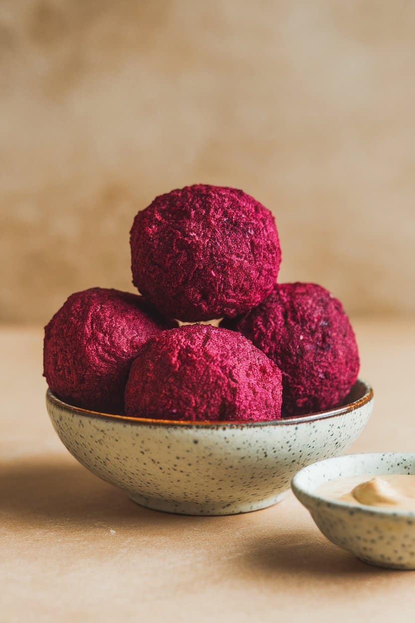 Indoor photo of vivid magenta beet falafel balls stacked in a small bowl, a dollop of tahini sauce on the side; diffused indoor lighting, no text or logos.