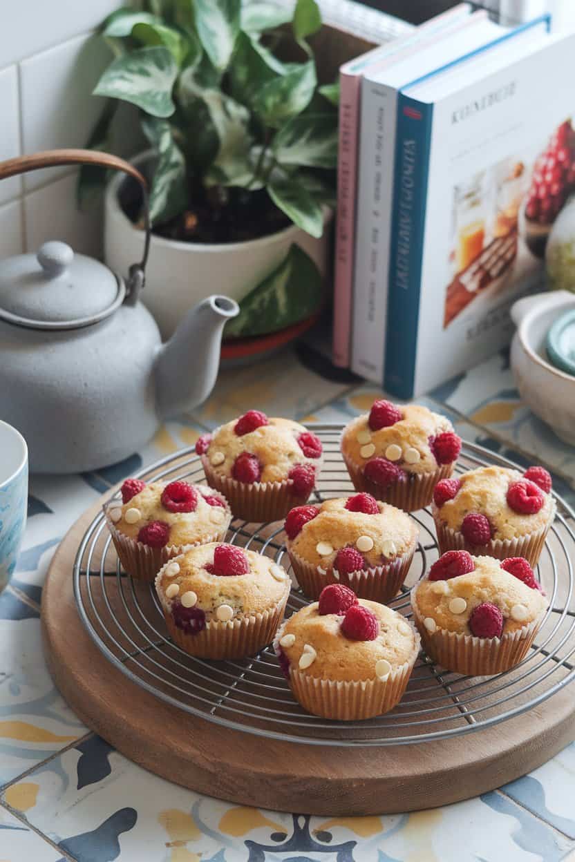 An indoor morning kitchen scene with a wire rack of golden muffins bursting with raspberries and white chocolate chips, steam still rising. No text or logos anywhere.