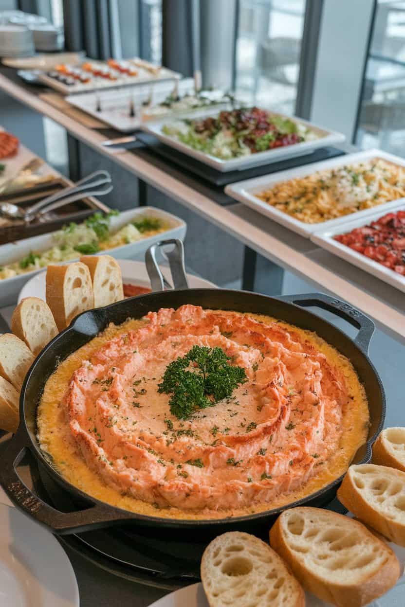 Indoor buffet with a cast-iron skillet of bubbling, golden crab dip topped with parsley; slices of baguette adjacent; no text or logos.