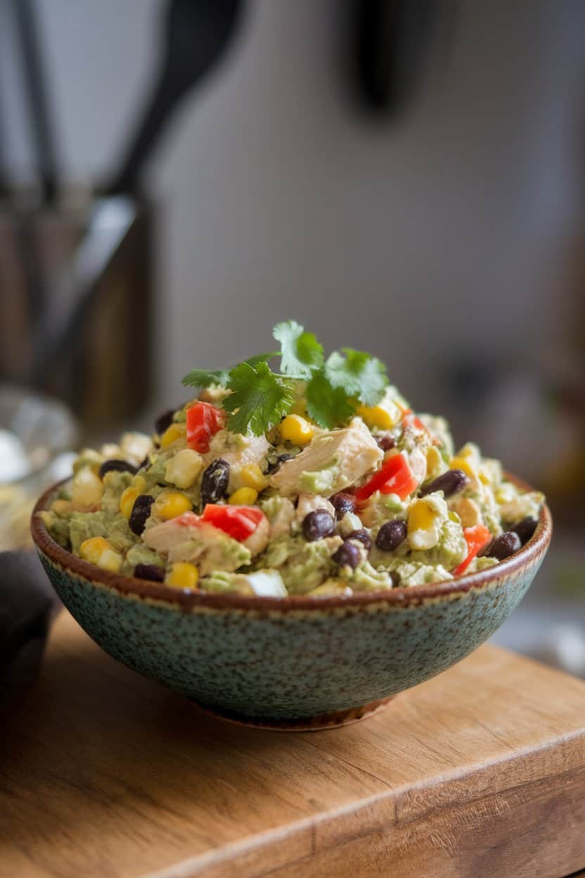 Indoor photo of a rustic bowl showcasing avocado-based chicken salad with black beans, corn, and red bell pepper, sprinkled with cilantro, no visible branding