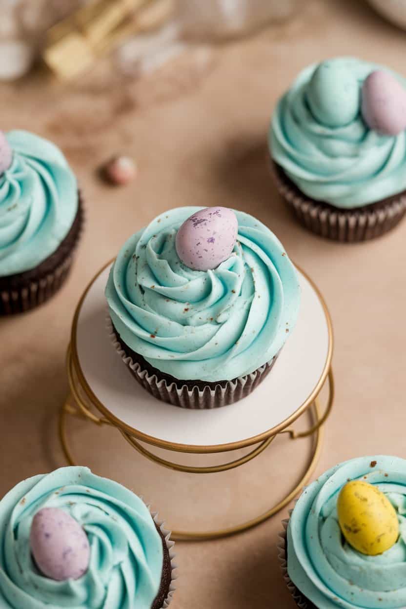 An indoor tabletop featuring pastel blue frosted cupcakes spattered with cocoa flecks and topped with three candy eggs, photographed from a slight overhead angle. No text or logos.