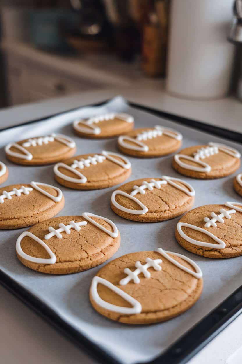 Photo of football-shaped peanut butter cookies with classic laces piped in white, arranged on an indoor baking sheet. No text or logos shown.