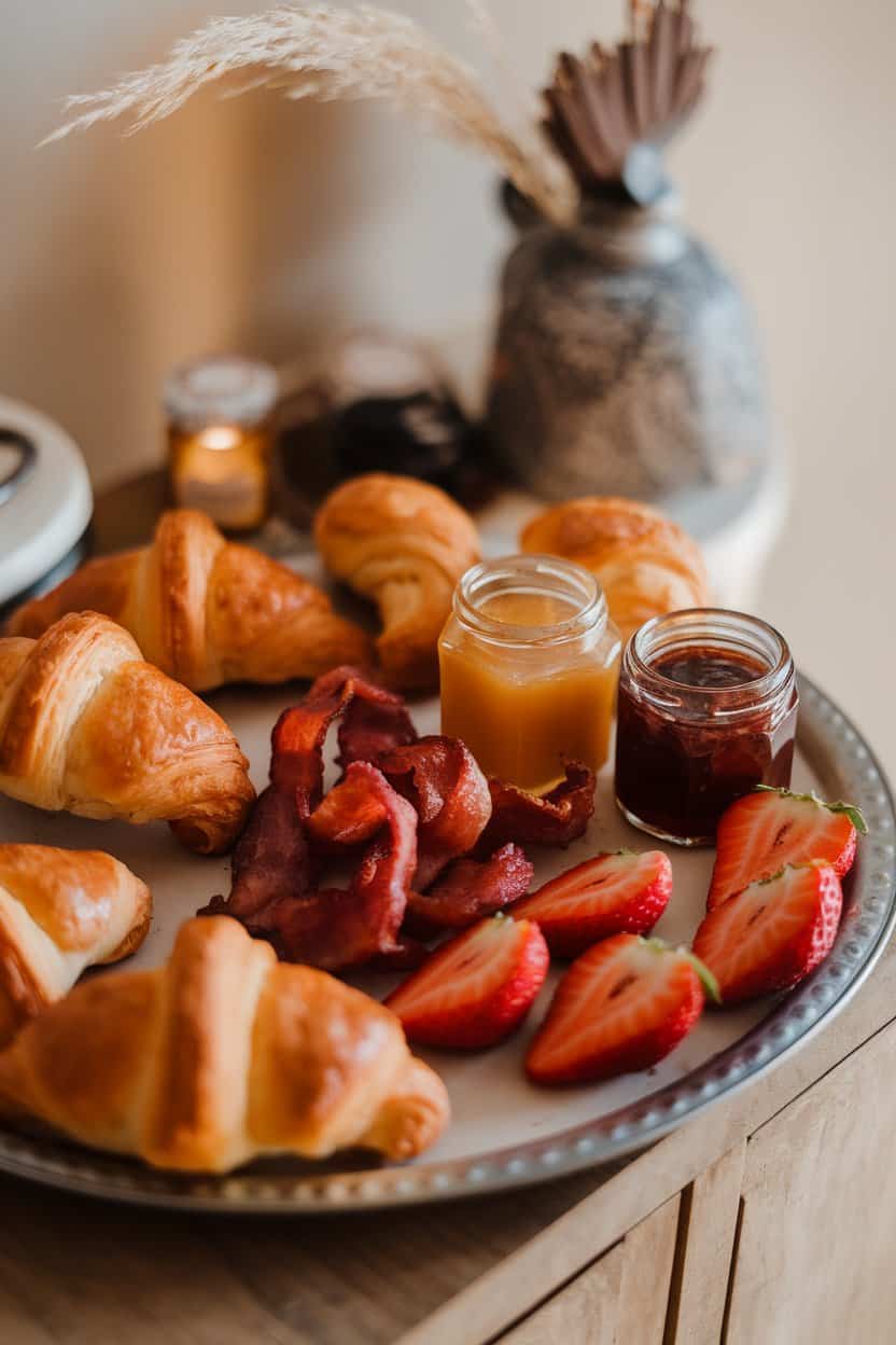 Indoor photo of a breakfast charcuterie board with mini croissants, cooked bacon twists, sliced strawberries, and small jars of honey and jam on a tray; morning light, no text or logos