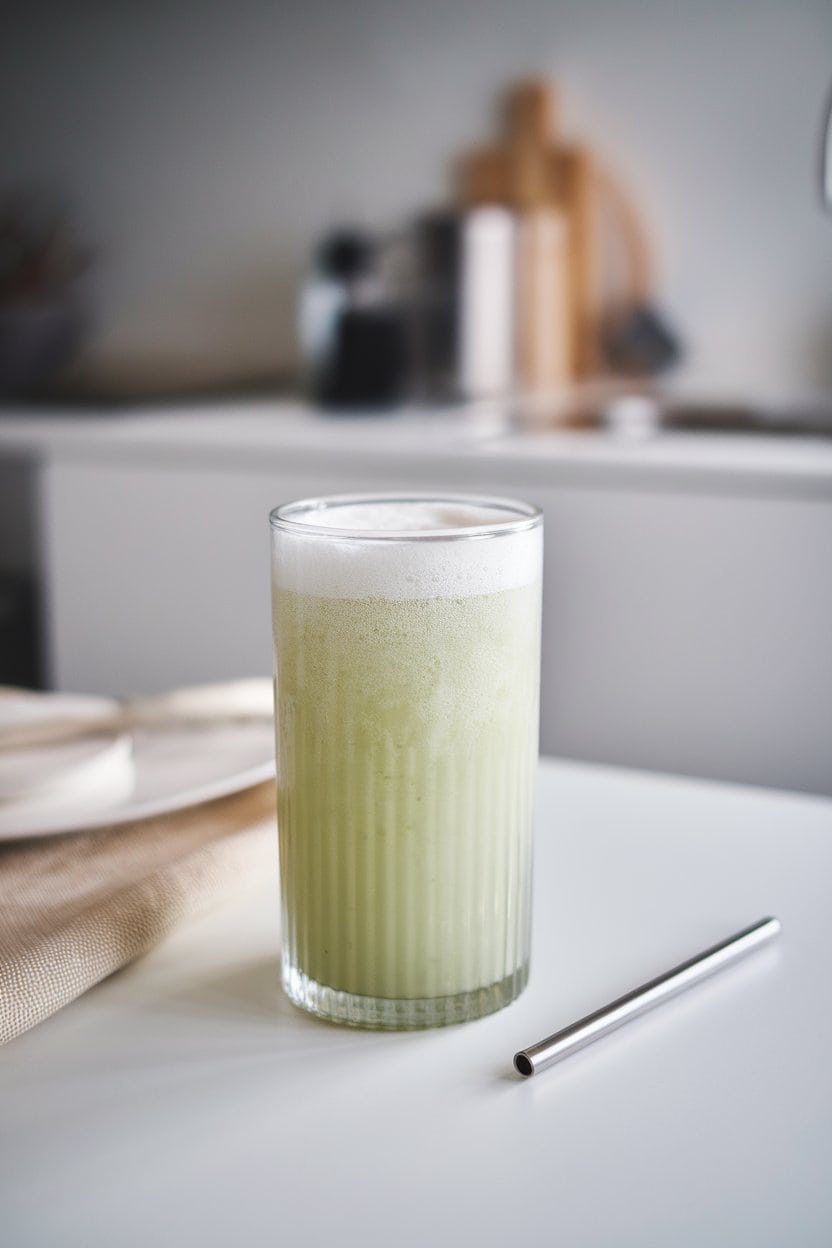Indoor modern kitchen table featuring a tall glass of lightly fizzy green kefir drink, stainless steel straw, no text or logos. Photo