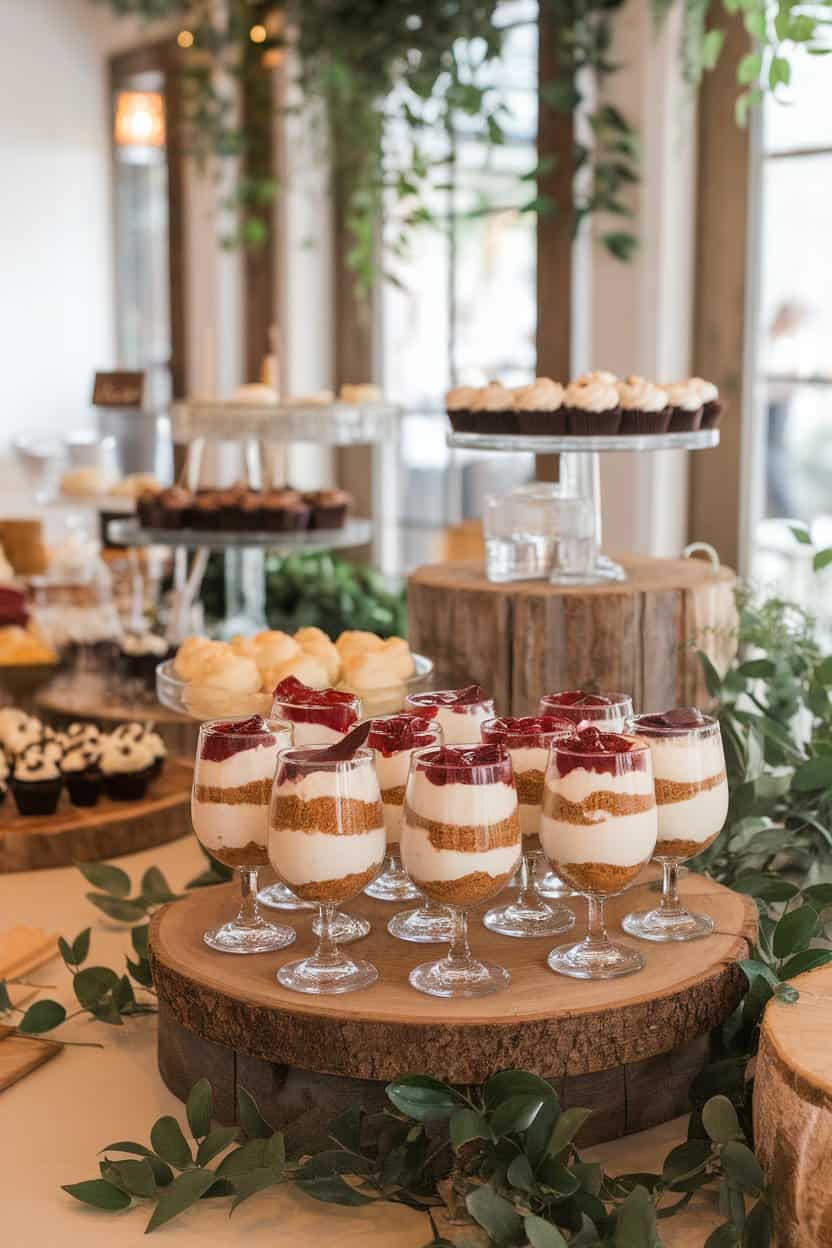 An indoor dessert bar displaying stemless wine glasses layered with graham crumb crust, creamy cheesecake mousse, and bright cherry pie filling. No text or logos visible.